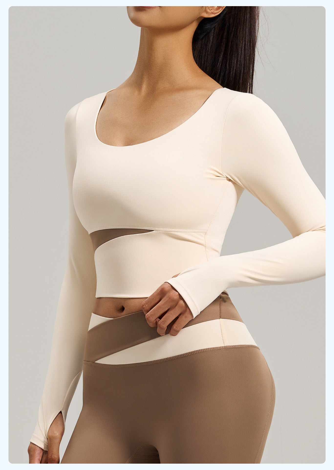 Women's Peach Color Block Long Sleeve Yoga Top, Naked Feel Slim Fit Sports Running Workout Shirt