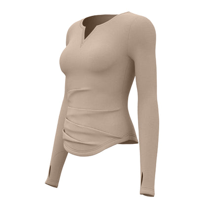 V-neck Long Sleeve Naked Feel Yoga Top, Ruched Waist Slim Fit Tight Sports Workout Shirt