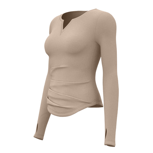 V-neck Long Sleeve Naked Feel Yoga Top, Ruched Waist Slim Fit Tight Sports Workout Shirt