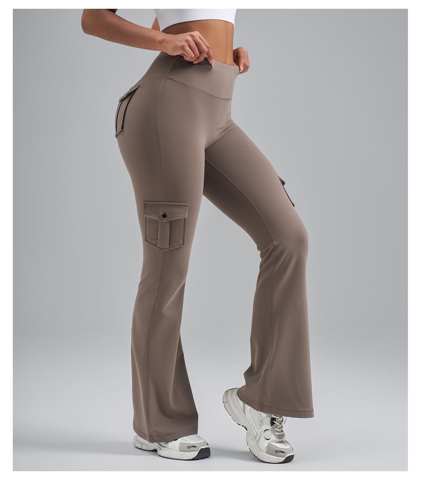 Single-Side Brushed Cargo Flare Yoga Pants, Breathable High Waist Butt Lifting Pocket Naked Feel Slim Fitness Leggings