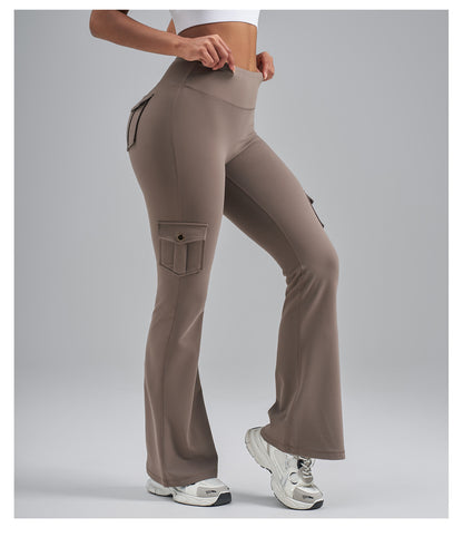 Single-Side Brushed Cargo Flare Yoga Pants, Breathable High Waist Butt Lifting Pocket Naked Feel Slim Fitness Leggings