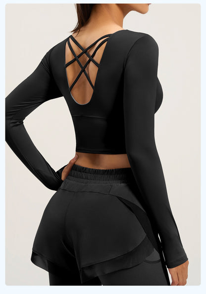 Women's Crisscross Beauty Back Long Sleeve Yoga Top, Built-in Bra, Slim Fit Sports Fitness Shirt