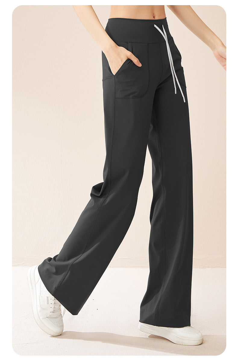 Women's High Waist Drawstring Wide Leg Yoga Pants, Loose Straight Hip Lifting Casual Sports Fitness Trousers