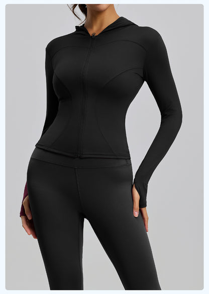 Women’s Slim Fit Hooded Yoga Jacket – Long Sleeve Sports Coat for Spring & Autumn, Running & Cycling