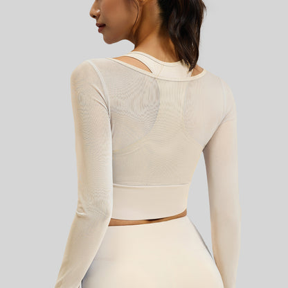 Women's Summer Long Sleeve Yoga Top, Mesh Fake Two-Piece Design, Slim Fit with Built-in Fixed Chest Pad, Workout & Fitness Shirt