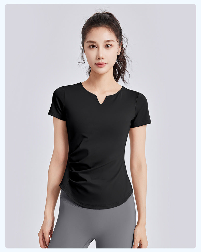 New Summer Women V-Neck Ruched Yoga Short Sleeve Top with Built-in Shelf Bra, Slim Fit Stretch Sports Fitness T-Shirt, Sweat-Wicking Athletic Tee for Running, Gym Training & Daily Active Wear