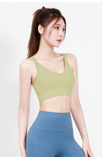Women's V-Neck Padded Sports Bra Crisscross Back Adjustable Hook Closure Anti-Side Bulge Yoga Tank Top