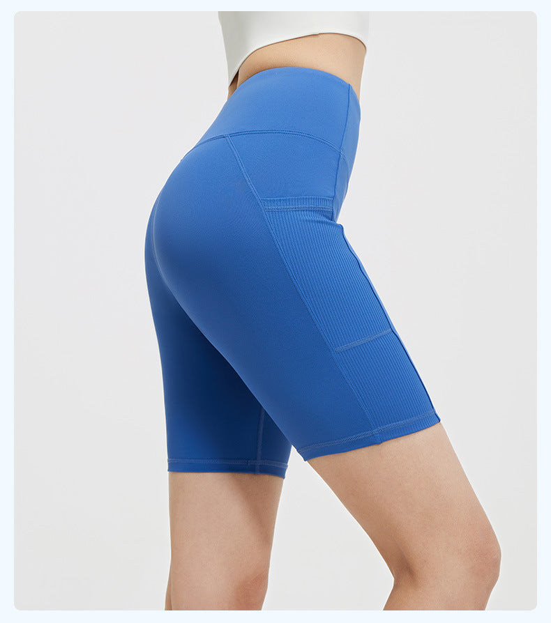 Women's Striped Yoga Shorts with Pockets, High Waist Butt Lifting Tummy Control, Workout Running Tight Yoga Pants