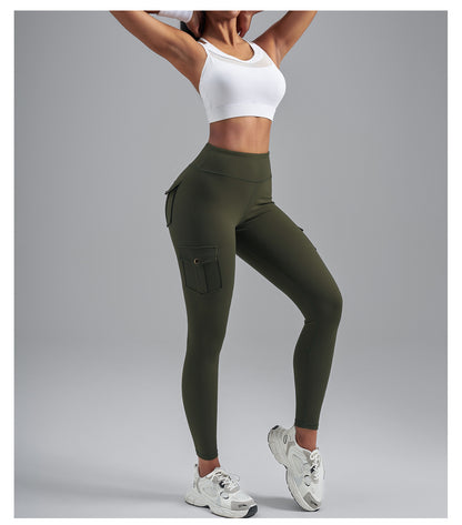 Brushed Cargo Pocket Yoga Pants, Women's Peach Hip Tight Quick Dry Butt Lifting Sports Fitness Leggings