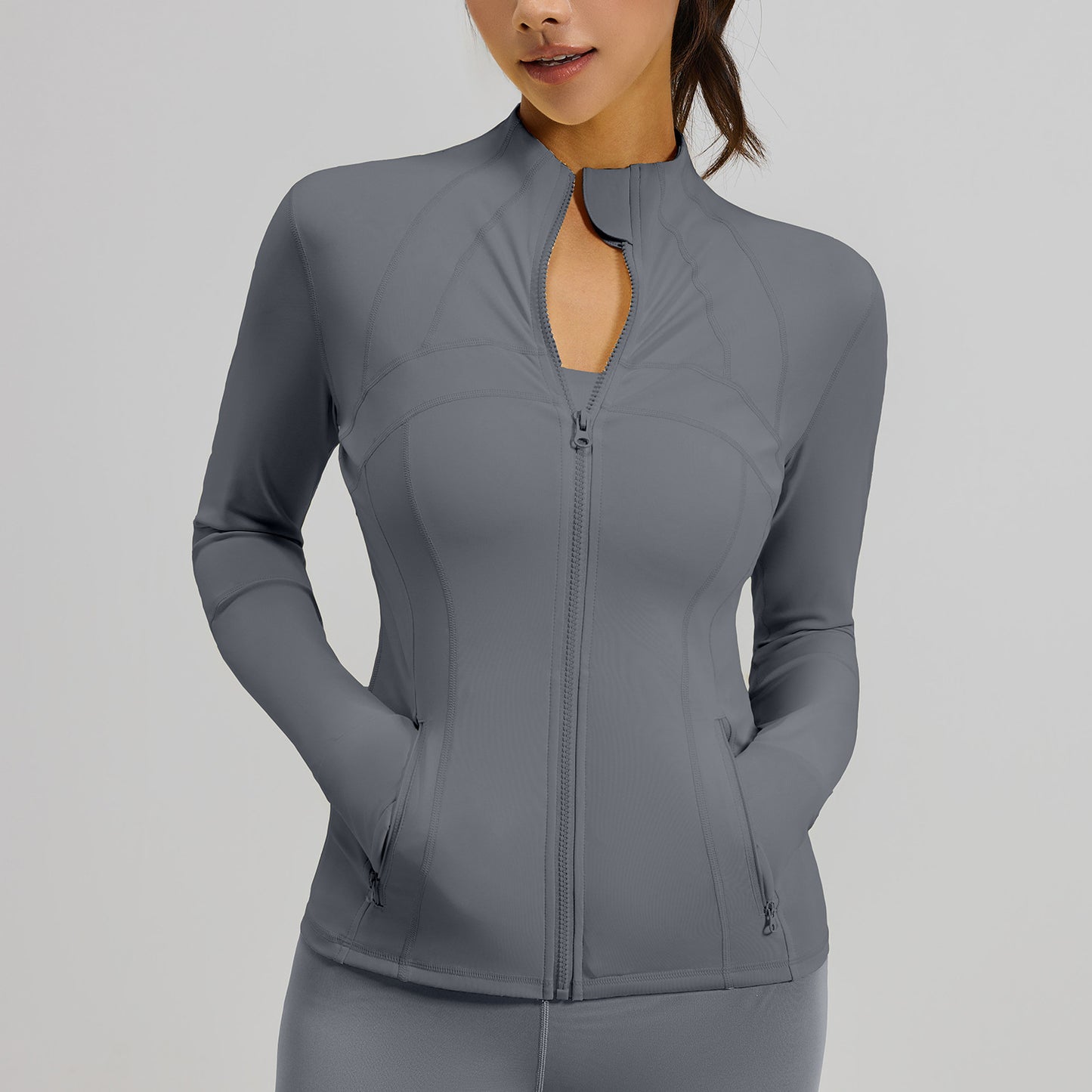 Women's Color Block Workout Jacket, Breathable Stretch Sports Coat with Pockets, Running Cycling Yoga Jacket