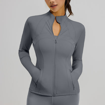 Women's Color Block Workout Jacket, Breathable Stretch Sports Coat with Pockets, Running Cycling Yoga Jacket