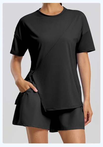 New Women's Split Hem Loose Long Sleeve Yoga Top, Casual Yoga Shirt for Running, Training & Fitness