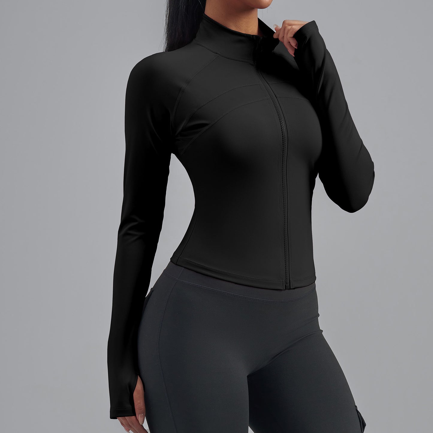 Plus Size Zip Up Sports Jacket, Stretch Slim Fit Yoga Top, Euro Size Figure-Flattering Long Sleeve Workout Coat for Women