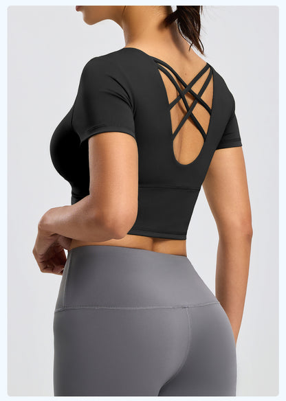 Women's Backless Beauty Yoga Short Sleeve, Naked Feel Slim Fit Sports Top with Built-in Pads, Stylish Workout Wear