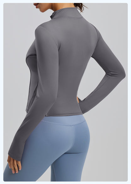 Women's Slim Fit Stand Collar Yoga Jacket, Peach Hip Design, Reflective Detail, Stylish Outdoor Fitness Coat