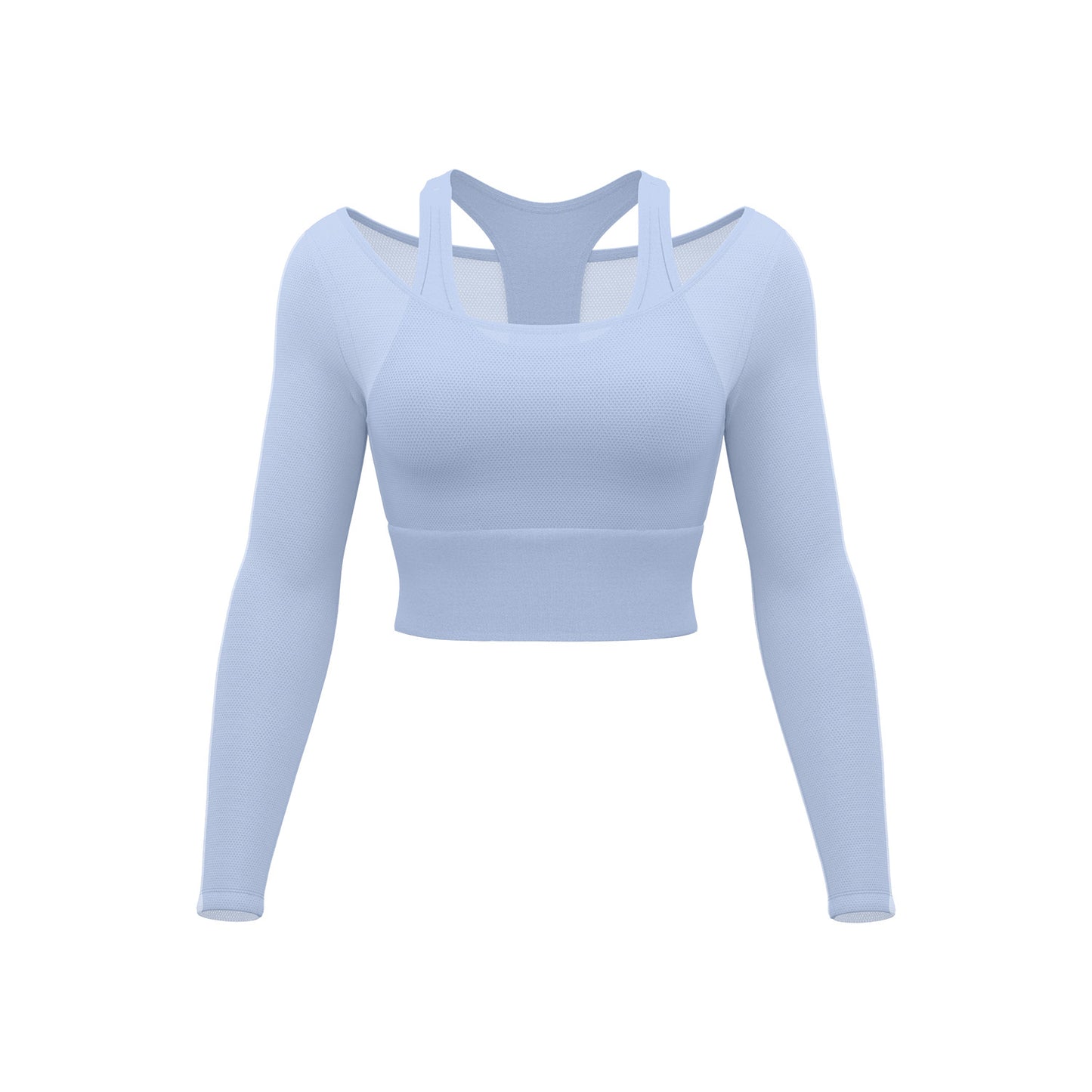 Women's Summer Long Sleeve Yoga Top, Mesh Fake Two-Piece Design, Slim Fit with Built-in Fixed Chest Pad, Workout & Fitness Shirt