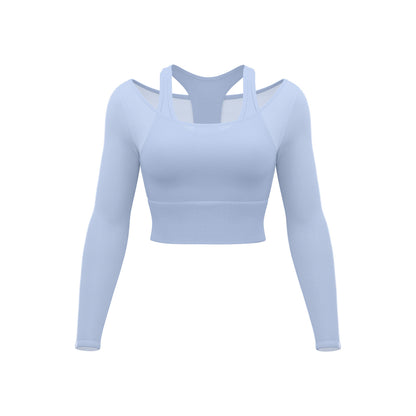 Women's Summer Long Sleeve Yoga Top, Mesh Fake Two-Piece Design, Slim Fit with Built-in Fixed Chest Pad, Workout & Fitness Shirt