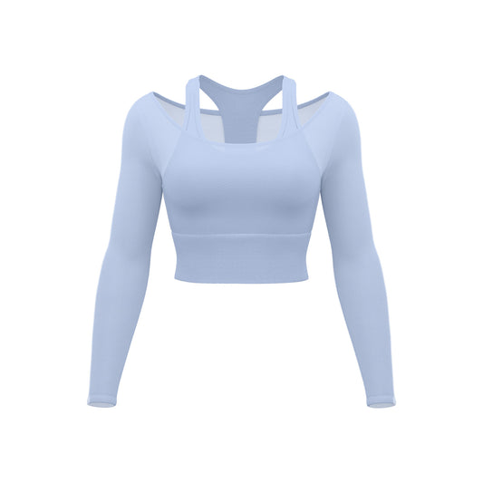 Women's Summer Long Sleeve Yoga Top, Mesh Fake Two-Piece Design, Slim Fit with Built-in Fixed Chest Pad, Workout & Fitness Shirt