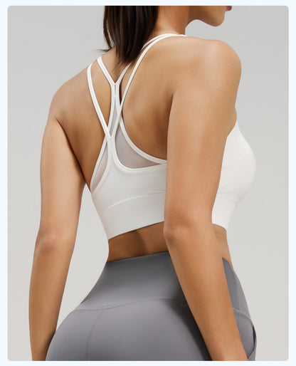 Women's Mesh Cross Back Sports Bra, Beauty Back Workout Top, High Impact Shockproof Yoga Fitness Bra