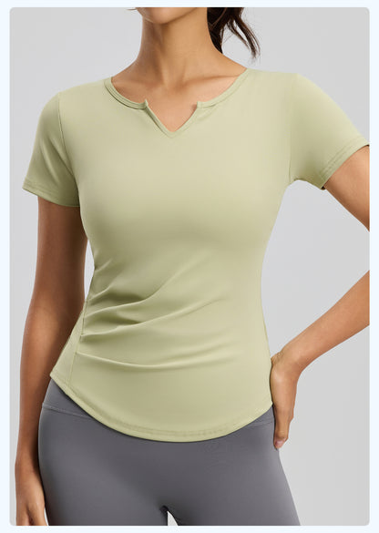 Women's V-Neck Ruched Yoga Short Sleeve – Naked Feel, Quick-Dry, Workout Running Top