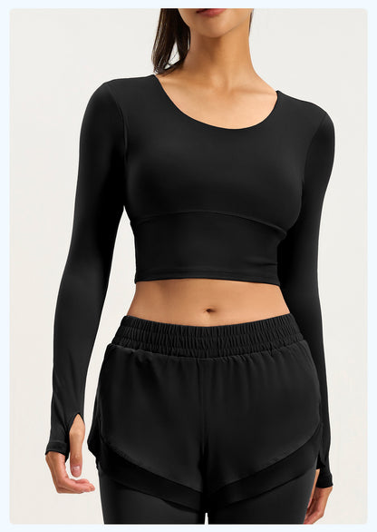 Women's Crisscross Beauty Back Long Sleeve Yoga Top, Built-in Bra, Slim Fit Sports Fitness Shirt
