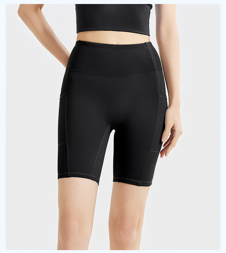 Women's Striped Yoga Shorts with Pockets, High Waist Butt Lifting Tummy Control, Workout Running Tight Yoga Pants