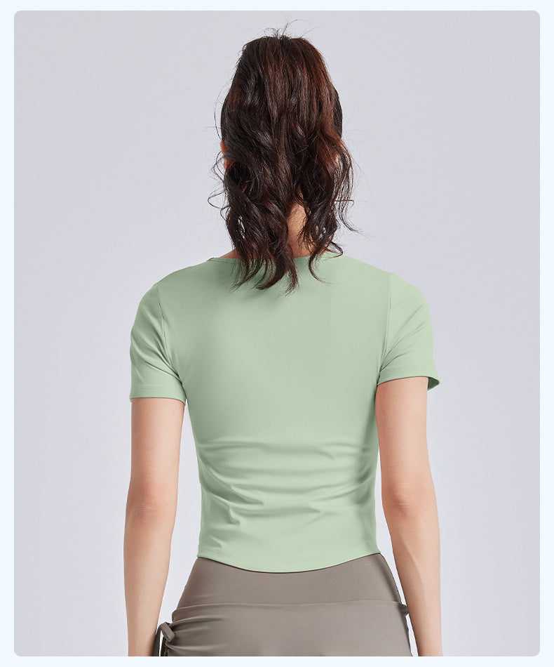 Women's Slimming Ruched Yoga Short Sleeve – Built-in One-Piece Cup Bra Pad, Summer Workout Fitness Top
