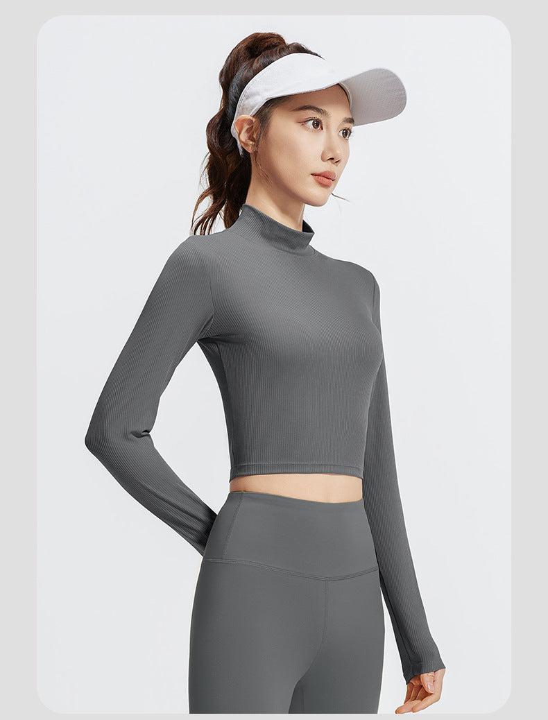 Women's Mock Neck Long Sleeve Yoga Top, Striped & Solid Color, Slim Fit, Breathable High Stretch Workout Shirt