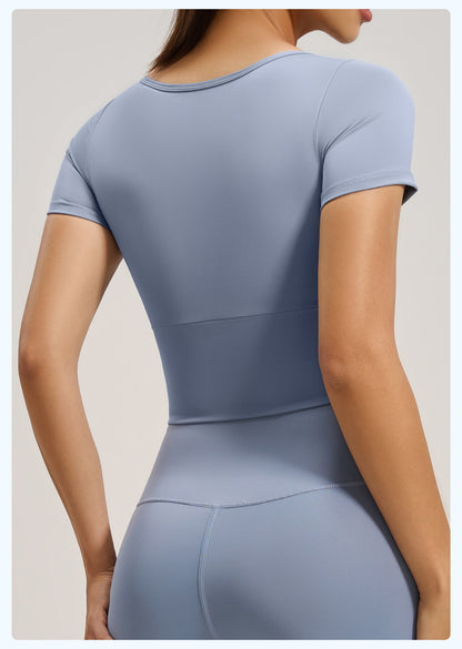 Women's Peach Splice Sports Short Sleeve, Built-in Bra High Elastic Slim Fit Yoga Running Top
