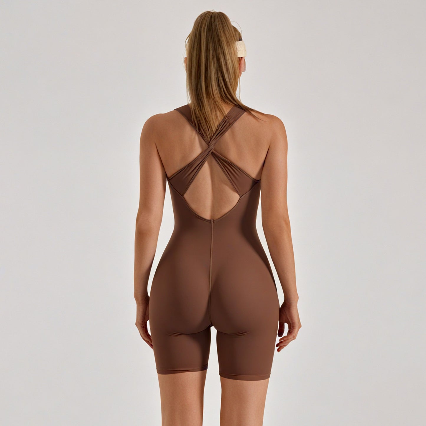 V-Neck Tight One-Piece Shorts, Cross Beauty Back Sports Jumpsuit With Built-In Chest Pads for Running