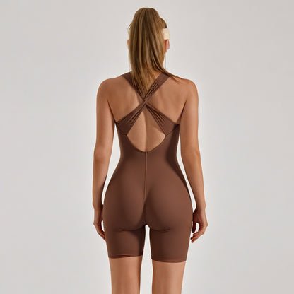 V-Neck Tight One-Piece Shorts, Cross Beauty Back Sports Jumpsuit With Built-In Chest Pads for Running