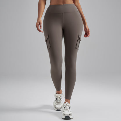 Brushed Cargo Pocket Yoga Pants, Women's Peach Hip Tight Quick Dry Butt Lifting Sports Fitness Leggings