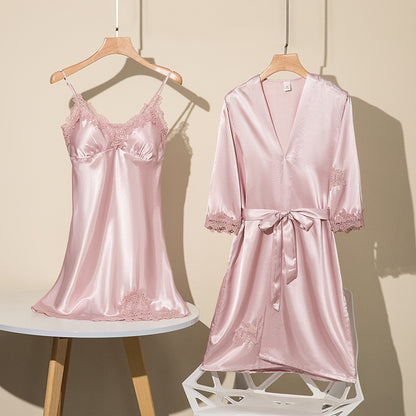 Girls' Battleship Spring/Summer sleepwear, Women's Sensual Five-Piece Silk Thin Nightgown with Padded Bra
