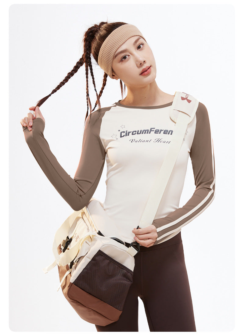 Women's Retro Crew Neck Long Sleeve Yoga Shirt, Letter Print Color Block Ribbon, High Stretch Slim Fit Top