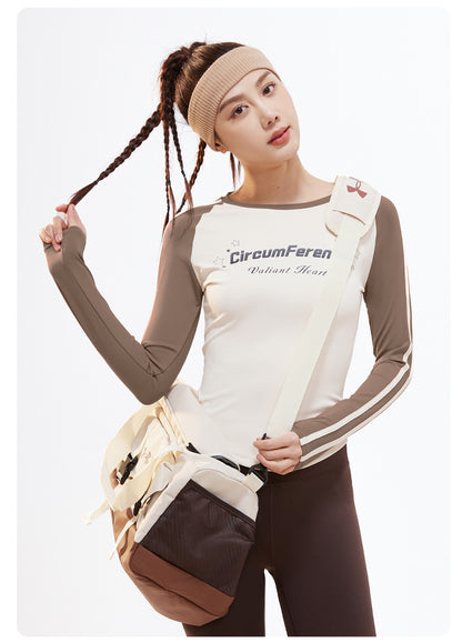 Women's Retro Crew Neck Long Sleeve Yoga Shirt, Letter Print Color Block Ribbon, High Stretch Slim Fit Top