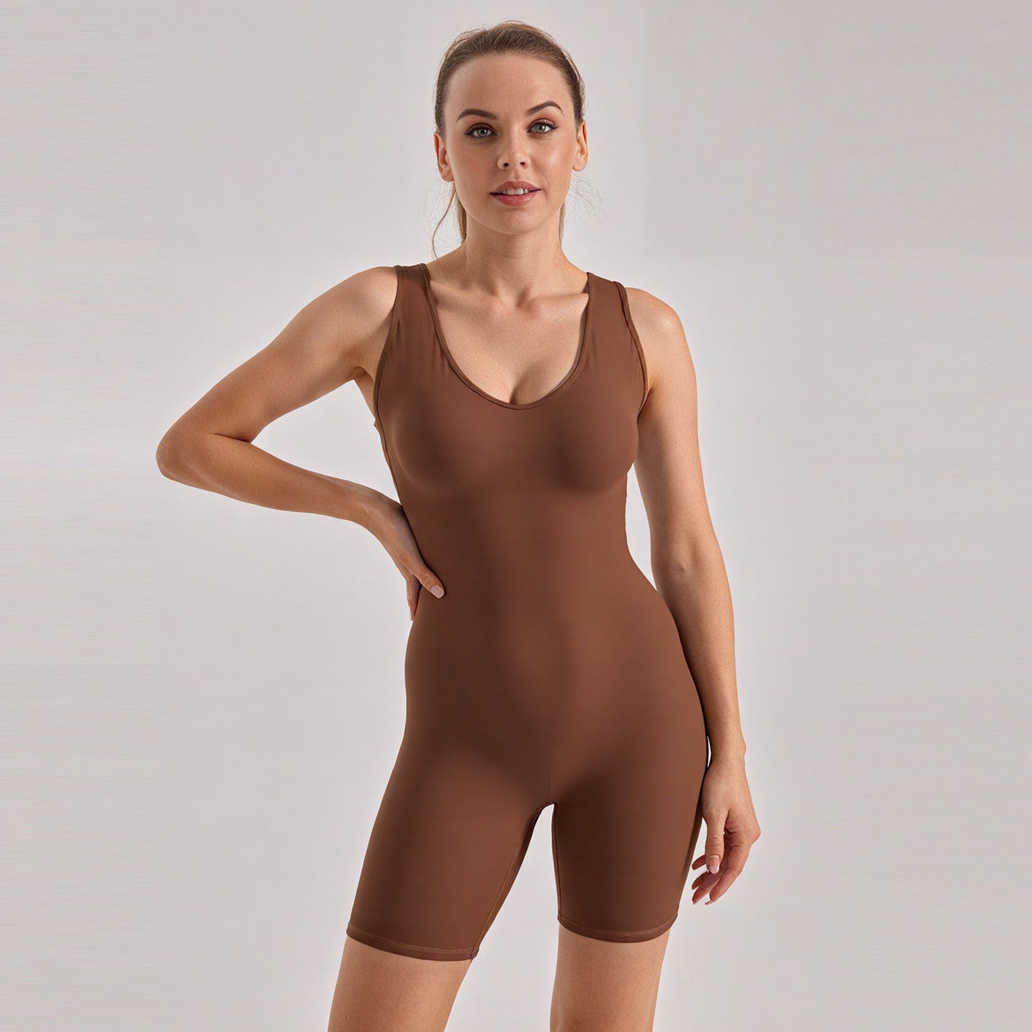 V-Neck Tight One-Piece Shorts, Cross Beauty Back Sports Jumpsuit With Built-In Chest Pads for Running