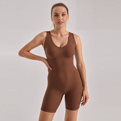 V-Neck Tight One-Piece Shorts, Cross Beauty Back Sports Jumpsuit With Built-In Chest Pads for Running