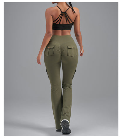 Single-Side Brushed Cargo Flare Yoga Pants, Breathable High Waist Butt Lifting Pocket Naked Feel Slim Fitness Leggings