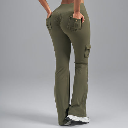 Single-Side Brushed Cargo Flare Yoga Pants, Breathable High Waist Butt Lifting Pocket Naked Feel Slim Fitness Leggings
