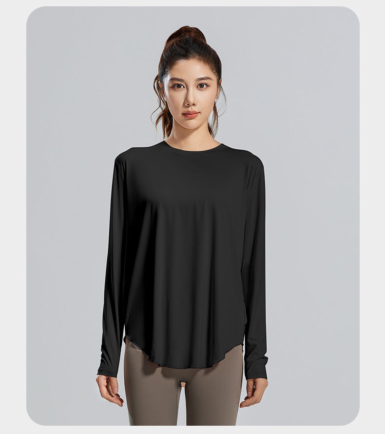 New Ice Silk Yoga Cover-Up, Round Neck, Loose Fit, Breathable & Versatile Long Sleeve Sports Yoga Shirt for Women