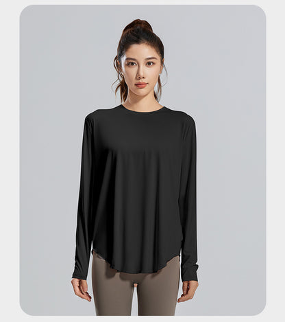 New Ice Silk Yoga Cover-Up, Round Neck, Loose Fit, Breathable & Versatile Long Sleeve Sports Yoga Shirt for Women