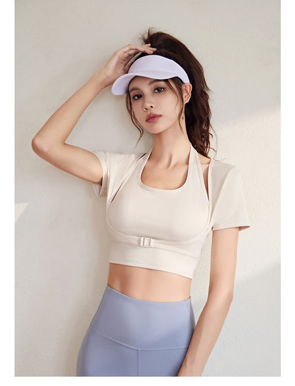 Women's Halter Neck Yoga Short Sleeve – Built-in Bra, Slim Fit Sports Top for Workout & Fitness
