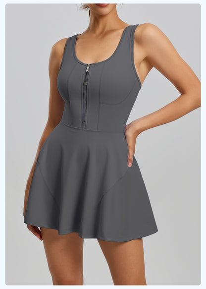 Women's Zipper Sports Dress, Anti-Exposure Lining, Outdoor Running Workout Fitness Yoga Dress