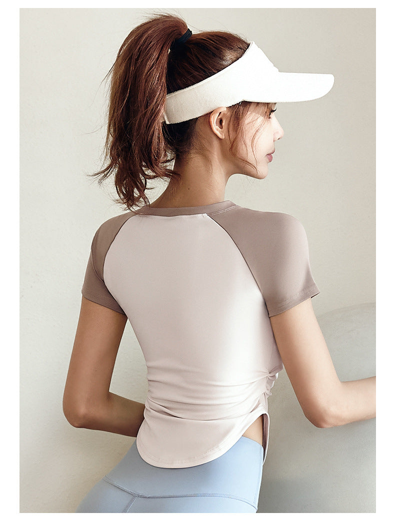 Women's Color Block Ruched Yoga Top | Slimming Waist, Naked-Sense Fabric, Sports & Outdoor Fitness