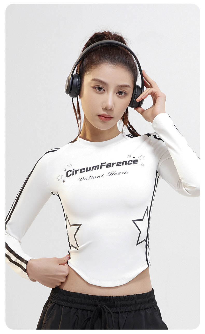 Women’s Ribbon Printed Crew Neck Long Sleeve Athletic Top, American Retro Ultra Soft Plush High Stretch Sports T-Shirt