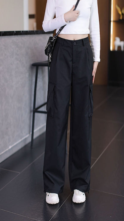 Women's multi-pocket cargo casual pants, spring and summer street style, loose pleated straight leg, versatile long pants, wide leg, casual and fashionable