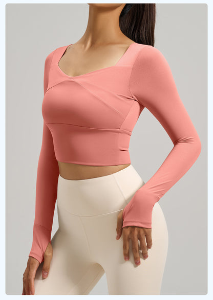 Women's Spliced Long Sleeve Yoga Top with Built-in Bra Pad, Breathable Slim Fit Sports Workout Shirt for Running Fitness