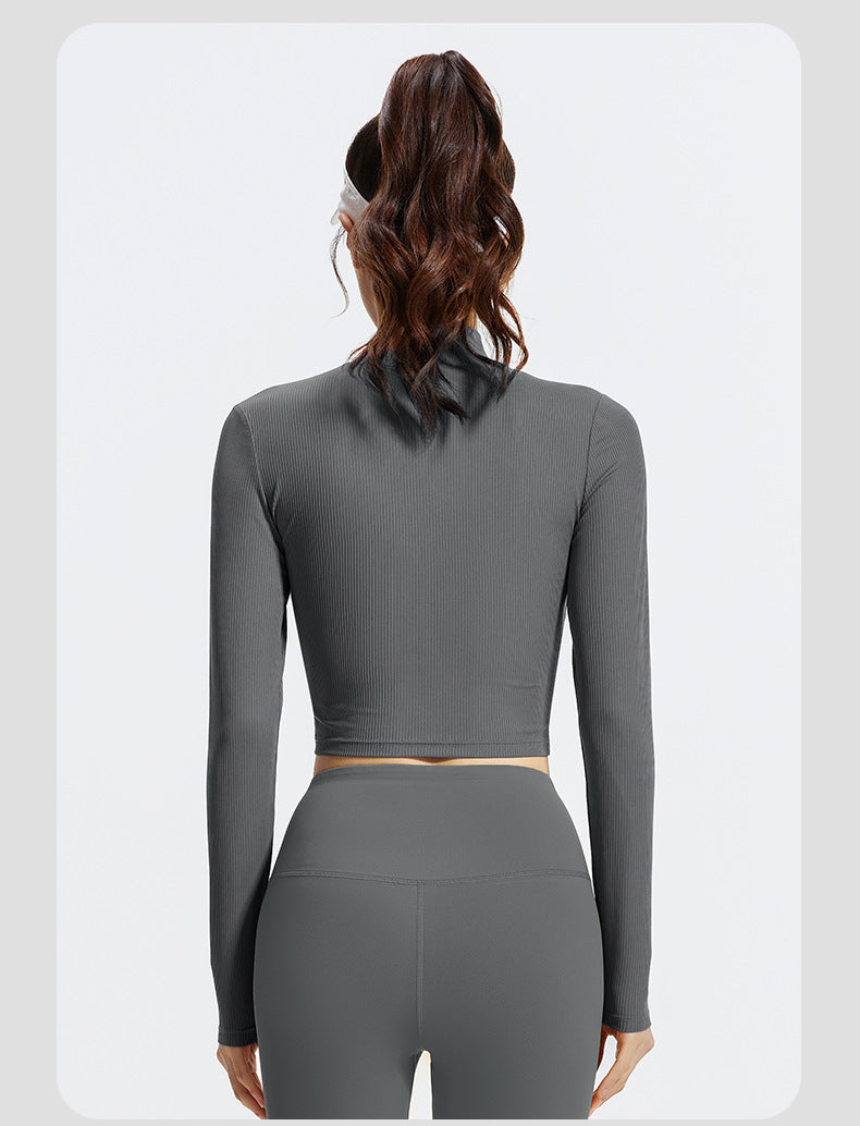 Women's Mock Neck Long Sleeve Yoga Top, Striped & Solid Color, Slim Fit, Breathable High Stretch Workout Shirt