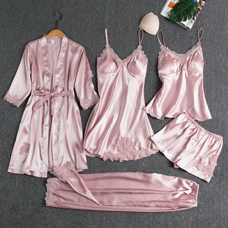 Girls' Battleship Spring/Summer sleepwear, Women's Sensual Five-Piece Silk Thin Nightgown with Padded Bra