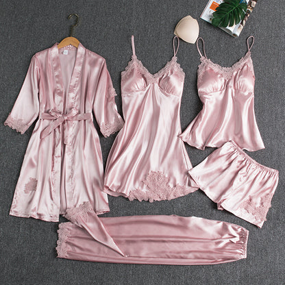 Girls' Battleship Spring/Summer sleepwear, Women's Sensual Five-Piece Silk Thin Nightgown with Padded Bra